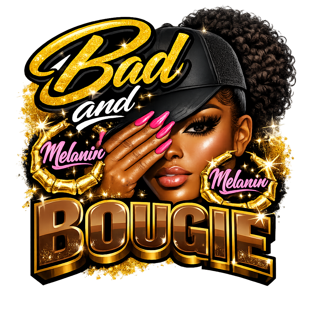 Woman wearing a cap with 'Bad and Bougie' text and gold accents on a white background