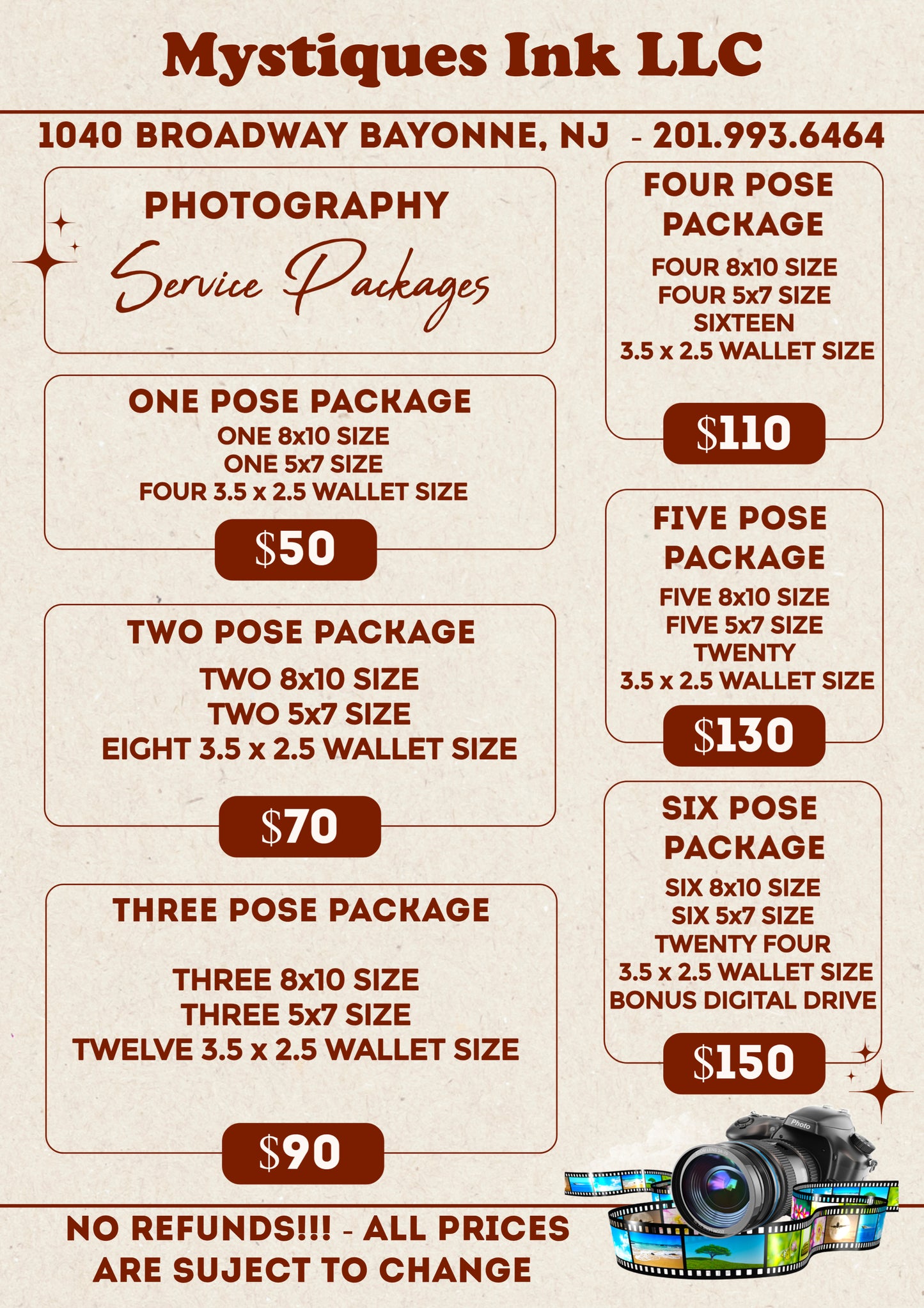Mystiques Ink LLC photography service package pricing chart with contact information.