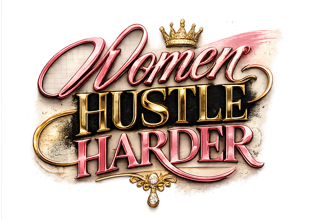 Decorative text 'Women Hustle Harder' with decorative elements on a white background