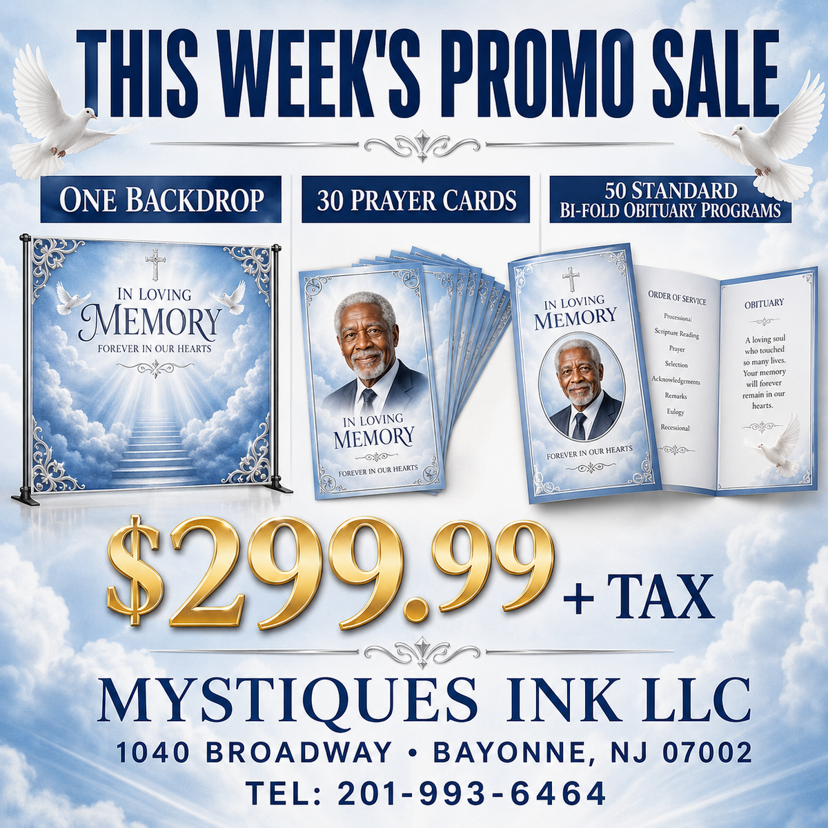 $299.99 Mystiques Ink memorial package with custom backdrop, prayer cards and obituary programs